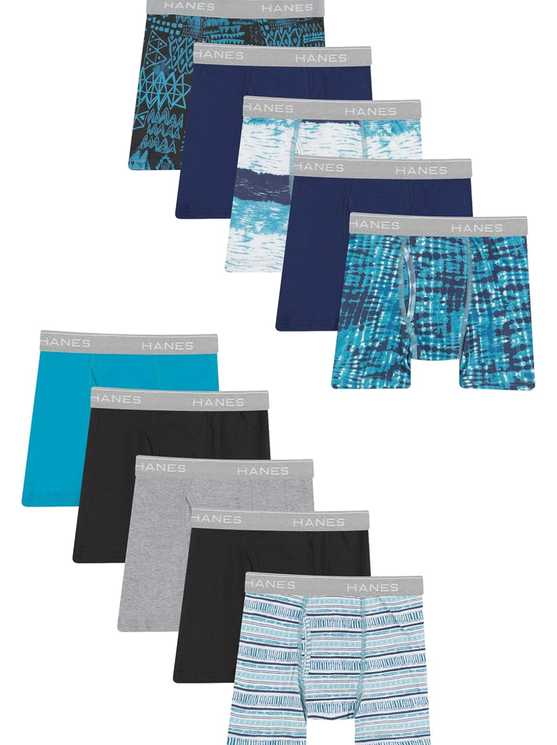 Hanes Boys' and Toddler Underwear, Comfort Flex and ComfortSoft Boxer Briefs, Solids/Prints Assortedpack of 10, Large