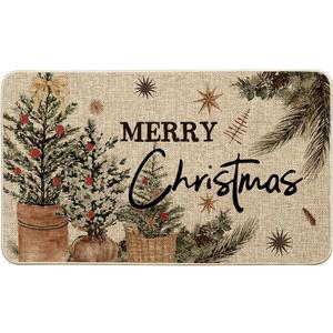 Artoid Mode Holly Merry Christmas Doormat, Winter Xmas Ornament Home Decor Low-Profile Switch Rug Door Mat Floor Mat for Indoor Outdoor 17x29 Inch (Beige)
