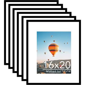 JCJMY 16x20 Picture Frame Set of 6 with 11x14 Mat, Black 16 x 20 Poster Frames with Shatter Resistant Plexiglass, Display 11 x 14 with Mat or 16 by 20 Without Mat, Sturdy Wall Hanging Frame, 6 Pack