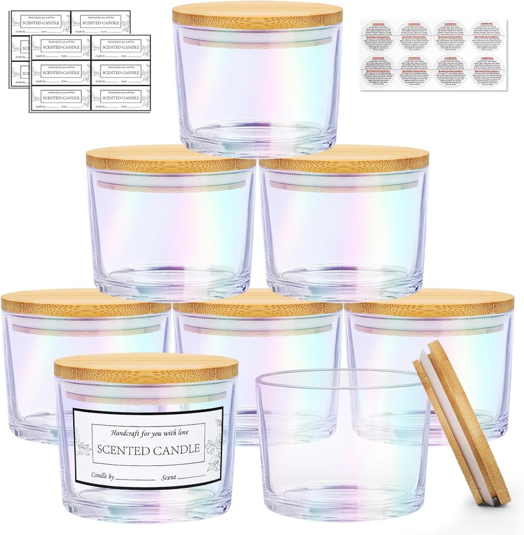 CONNOO 8 Pack 12 oz Iridescent Glass Wide Mouth Candle Jars for Making Candles with Airtight Bamboo Lids, Nice Sticky Warning Labels for Candle Making, Empty Container Bulk - Dishwasher Safe
