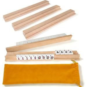 Beech Wood Mahjong Racks with Pushers, Premium Hardwood Tile Holders in Natural Finish, 17.3 Inch Durable Trays Set of 4 for American Mahjong & Dominoes, Smooth Surface Game Accessories(Natural)