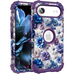 Hocase Heavy Duty Case for iPhone Air 6.5"", Blue Purple Flowers | Shockproof Protection Soft Silicone Rubber+Hard Plastic Bumpers Hybrid Protective Case for Women & Girls