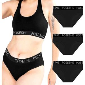 POSESHE Women's Micro-Modal Brief Underwear, Bikini Panties For Women Pack (All Black 3 Pack, L)