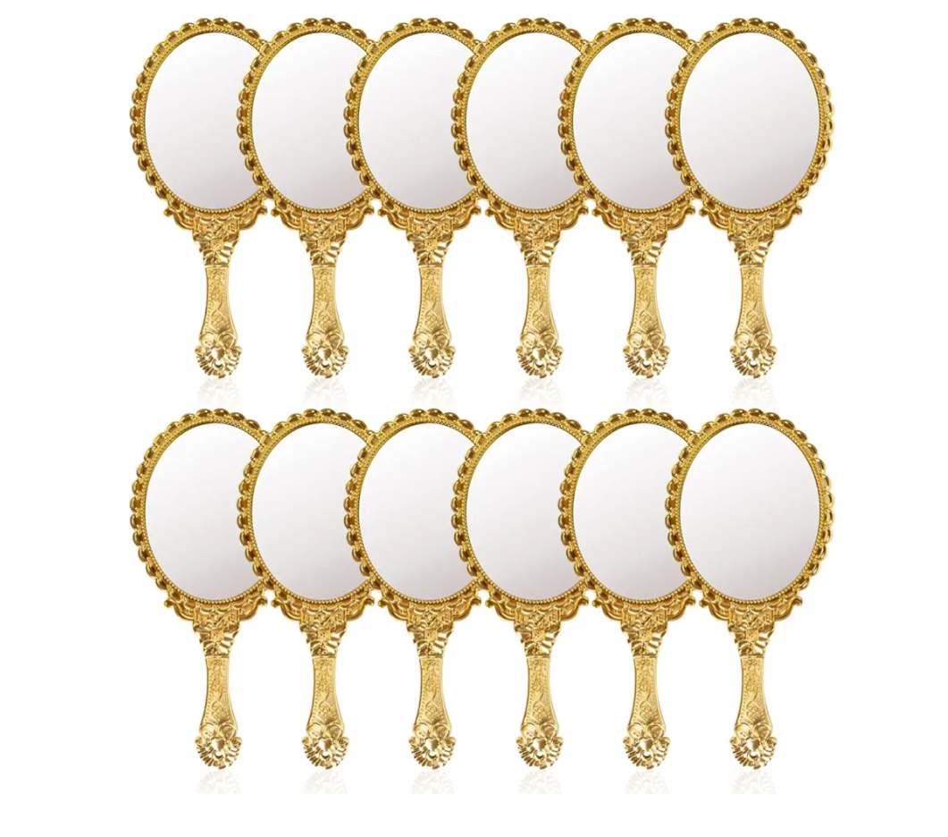 Vintage Handheld Mirror for Makeup -12 Pcs Travel Handle Mirrors for Women Gold Embossed Flower Portable Princess Mirror Tabletop Party Classroom