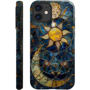 Generic Case Compatible with iPhone 12 - Glossy Hybrid Durable Shockproof Phone Cover,Cases for Woman Girl - Moon Stars Celestial Glass