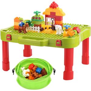 3 in 1 Kids Activity Table, Kids Play Table Set with 42 Blocks, Building Blocks Kit Compatible with Mega Blocks and Lego Duplo, Foldable Activity Desk, Play Board, and Toy Storage for Toddlers