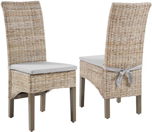 Crosley Furniture Edelyn Natural Rattan Dining Chairs Set of 1, Farmhouse Kitchen Accent Chair with Cushion, Kubu Rattan/Gray