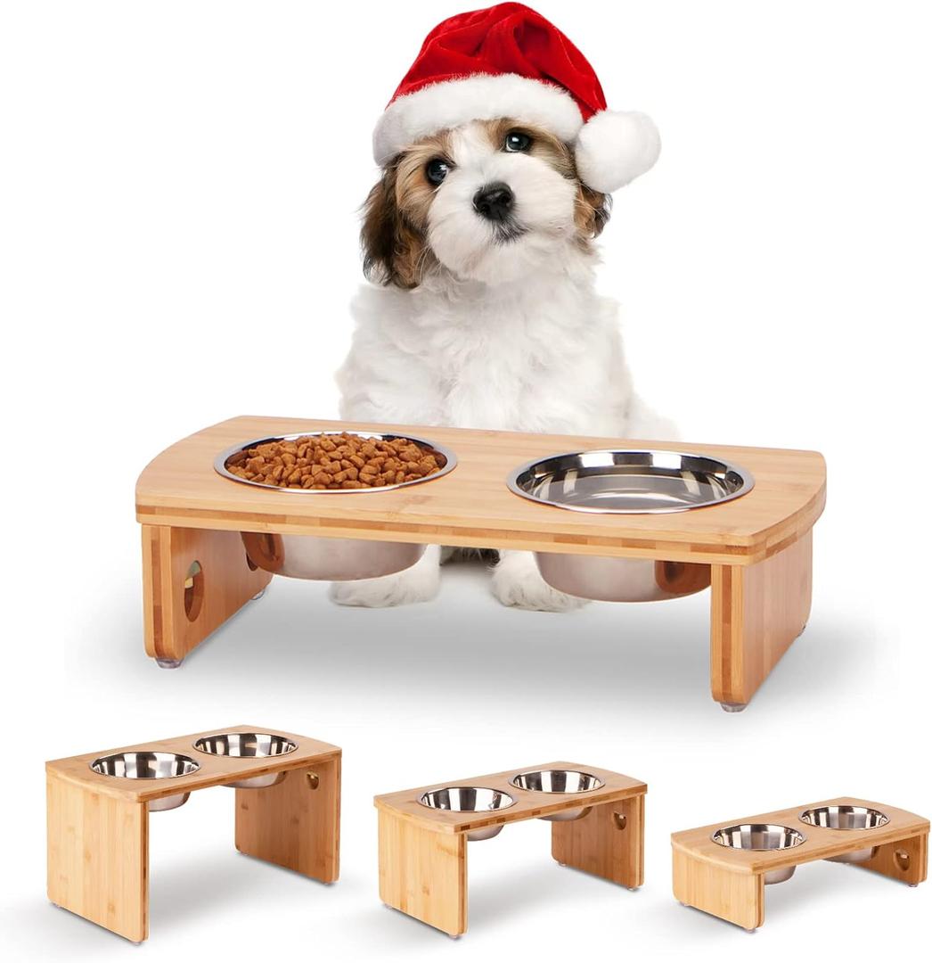 Elevated Dog Bowls, Bamboo Raised Dog Bowl for Small Dogs & Cats, with 2 Stainless Steel Bowls (4'' Tall-20oz Bowl)
