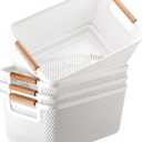 Tioncy 4 Pcs White Mesh Baskets with Wooden Handles Plastic Storage Organizer Baskets Pantry Basket Fruit Vegetables Gathering Basket Bin for Organizing Cabinet Closet Bedroom Kitchen(Medium)