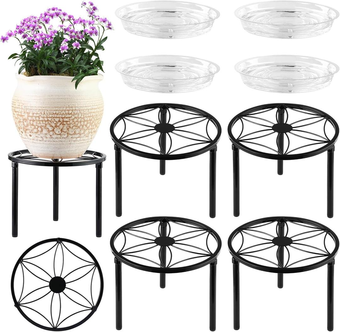 4 Pack 9" Metal Plant Stand for Indoor Outdoor Plants, Round Plant Shelf with Clear Catch Water Tray, Heavy Duty Flower Pot Stand Holder, Rustproof Iron Black