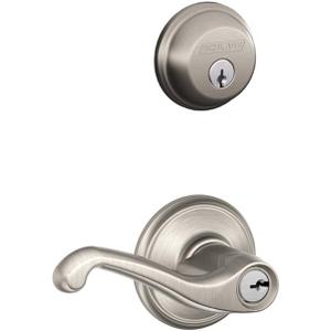 Schlage FB50N V FLA 619 B60 Single Cylinder Deadbolt and F51 Keyed Entry Flair Lever Keyed Alike, Satin Nickel finish (Security Set_Flair)