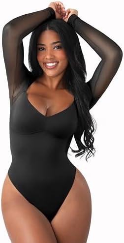 FeelinGirl Long Sleeve Bodysuit for Women Sexy Mesh V Neck Body Suits Thong Corset Top Going Out Outfits for Party, XXL