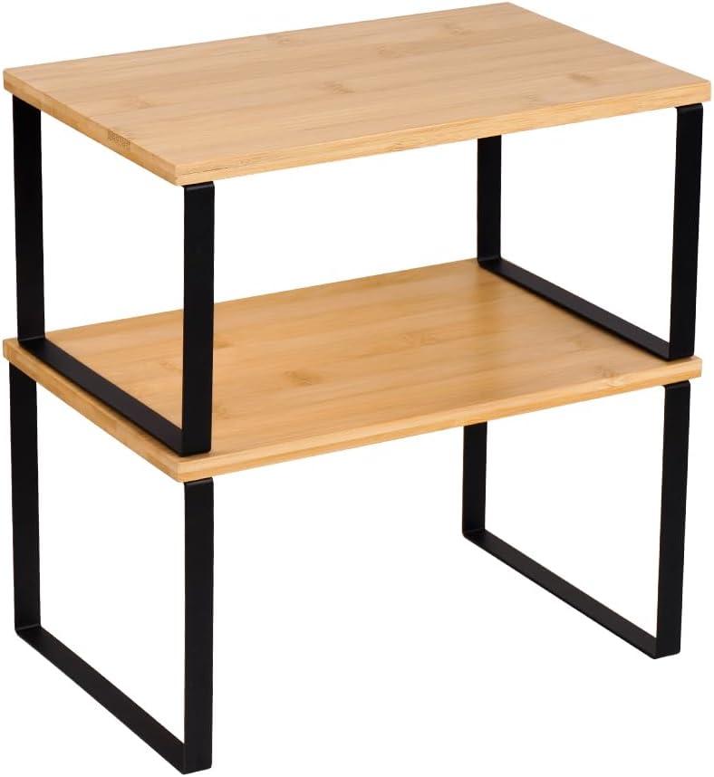 Kitchen Cabinet Organizer Shelf, Set of 2 Stackable Counter Shelves, Small Wood Cabinet Riser Shelf for Pantry Cupboard Spice Dish Mug Cup, Expandable, Metal Engineered Wood (Beige & Black, 11.7''W)