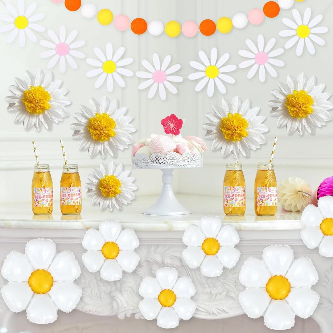 20 Pcs Daisy Party Decorations Sets, 2 Pcs Groovy Daisy Banner Boho Felt Ball Garland 10 Pcs White Daisy Floral Balloons 8 Pcs Daisy Tissue Paper Pom Poms for Birthday Wedding Baby Shower