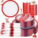 Liacere 350PCS Clear and Red Plastic New Year Plates and Napkins for 50Guests Plastic Dinnerware Set:100 Red Disposable Plates 50 Pre Rolled Napkins with Cutlery,50 Cups for PartyChristmas