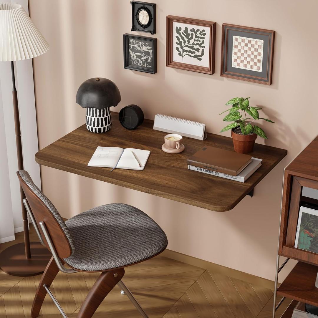 Dogsky Wall Mounted Folding Table, Floating Desk 24x15.7Inch, Fold Down Shelf Wall Mounted with Heavy Iron Brackets, Foldable Table for Launrdy Room, Office Study Work Bench, Kitchen Dining, Walnut, 24x15.7x7.5