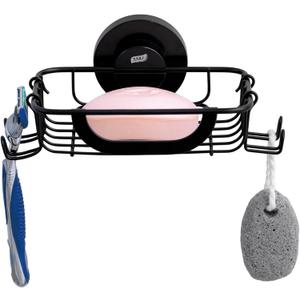 TAILI Soap Bar Holder Dish with Hooks, Shower Soap Tray Saver Suction Cup with Razor Holder for Wall, Rustproof Stainless Steel Bath Shampoo Caddy for Bathroom Accessories Organizer,Sink,Black (5.6" * 4.6")