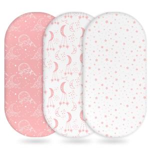 Unnivoll Baby Bassinet Sheets Girl Boy, Fitted Bassinet Sheet Set 3 Pack Bassinet Mattress Sheets Universal Fit for Rectangle, Round, Oval, Hourglass Mattress, Soft Breathable Pink White Moon