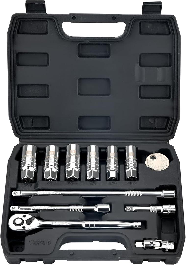AEROFORCE 12PCS 3/8" Drive Spark Plug Socket Set with Ratchet Handle, Universal Joint, Extension Bar & Spark Plug Gapper, Fits 9/16", 5/8", 3/4", 13/16", 14mm, 18mm, CR-V Steel with Rubber Holder Ring