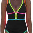 popvil Women One Piece Swimsuit 2026 Tummy Control Sexy Cutout Neon Color Block Bathing Suit Slimming Adjustable Swimwear.L