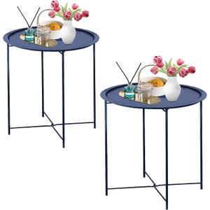Garden 4 you End Table 2 PCS Metal Side Table Dark Blue Round Folding Tray Cyan Sofa Small Accent Fold-able Table, Round End Table Tray, Next to Sofa Table, Snack Table for Living Room and Bed Room