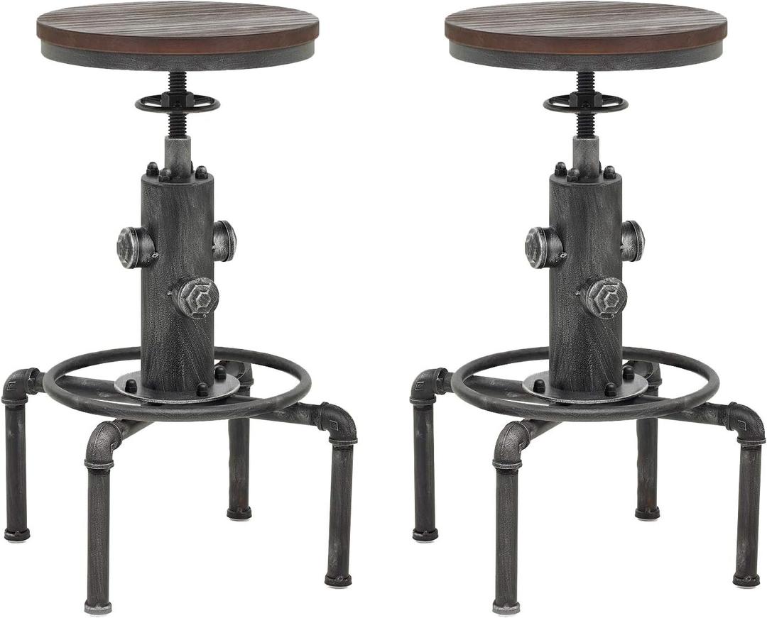 Topower Antique Vintage Industrial Barstool Solid Wood Water Pipe Fire Hydrant Design Cafe Coffee Industrial Bar Stool Set of 2, Silver