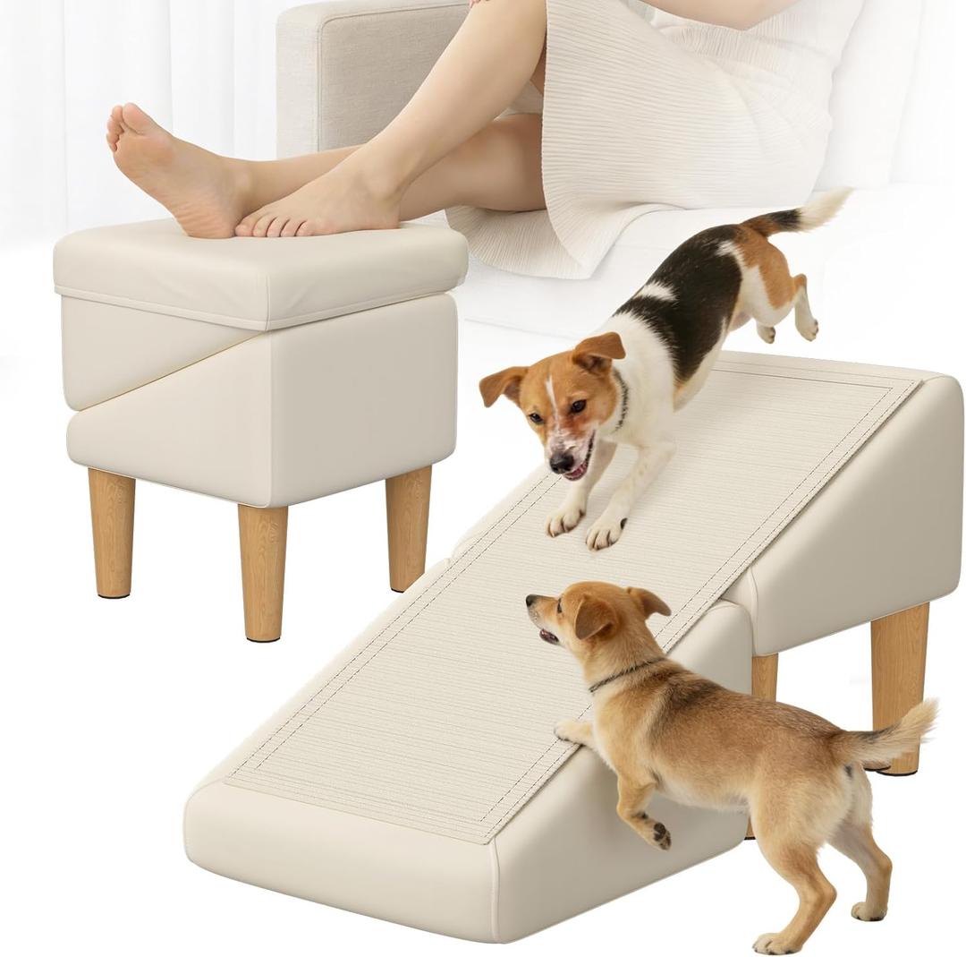 Split Ottoman Dog Ramp, 23-Degree Puppy Ramps for Small Dogs, Solid Wood Anti-Slip Dog Ramp for Couch, Includes Removable Anti-Slip Mat and Seat Cushion, for Small and Injured Dogs & Cats