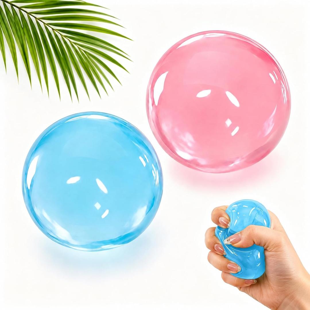 2 x 2 Pack Coconut Oil Squishy Stress Balls, Blue and Pink Shapeable Jelly Squeeze Balls, Soft Sensory Fidget Toys for Desk, Work, Study, Travel, Gifts for Teens and Adults