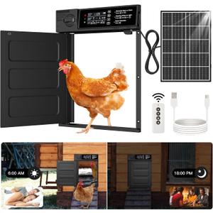 Automatic Chicken Coop Door, Large Size Solar Powered Coop Door with Opening in Emergency, Anti-Pinch, Timer & Light Sensor, Aluminum Waterproof Auto Chicken Door, with 7W Solar Panel