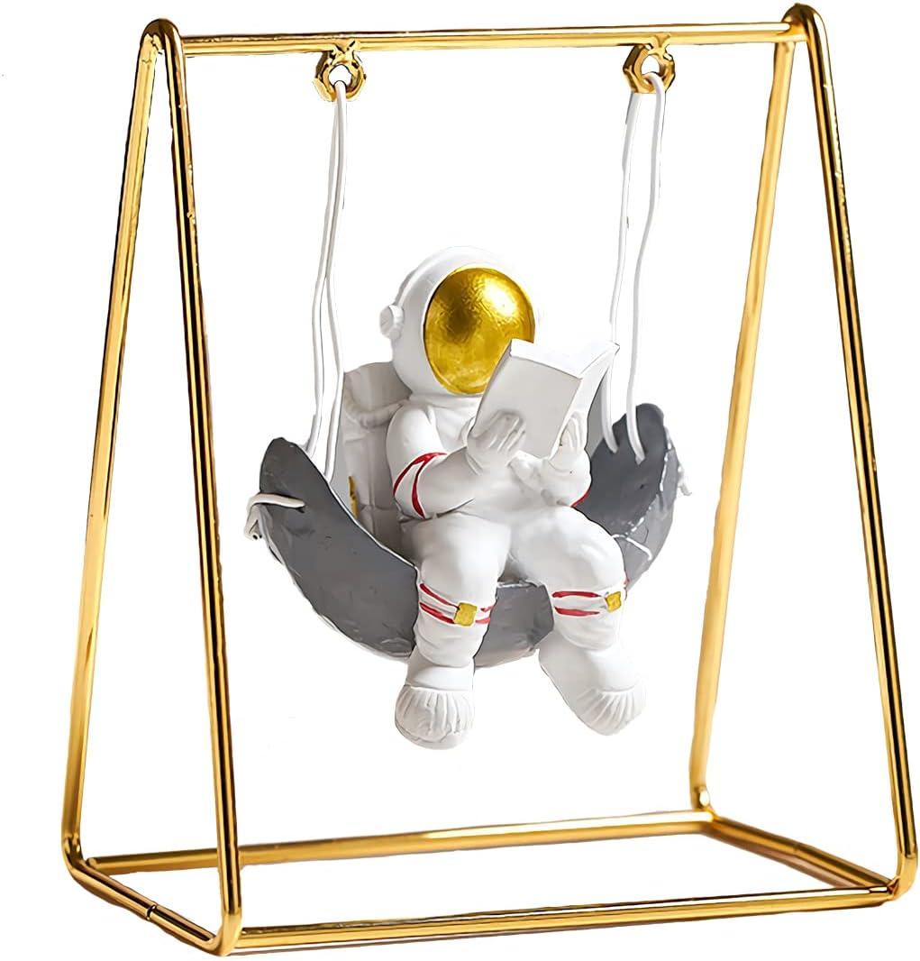 Astronaut Figurine Statue, Reading on Swing Figure Sculpture for Room Shelf & Desk Decor, Outer Space Themed Bedroom Decor, Spaceman Cake Topper Decoration Ornament Model