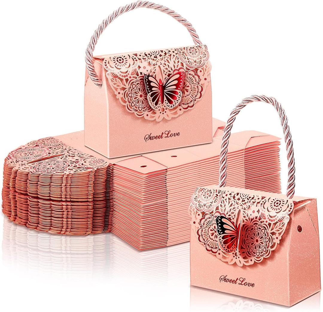 50 Pcs Butterflies Purse Party Favor Bags Favor Boxes Butterfly Goodie Bags Candy Party Treat Boxes for Wedding, Birthday, Bridal Shower Gift Supplies(Pink)