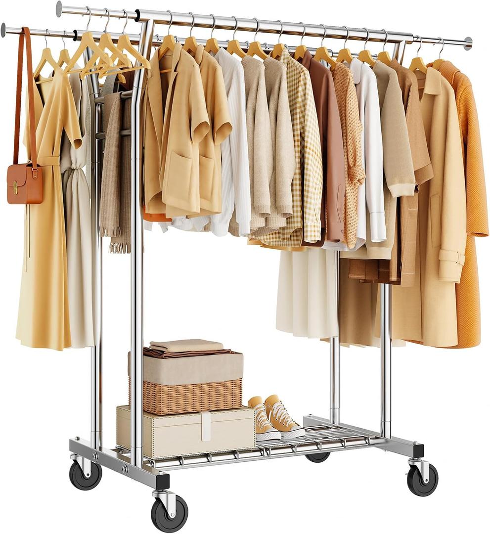 HYSEYY Heavy Duty Clothes Rack, Rolling Clothing Rack for Hanging Clothes with Shelves Load 700LBS,Portable Garment Wardrobe Closet Rack with Wheels for Bedroom,Laundry Room,Retail Store,Silver