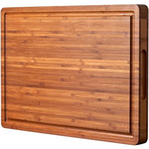 Large Wood Cutting Board for Kitchen, 1 Thick Bamboo Cheese Charcuterie Board, Butcher Chopping Block, with Juice Grooves and Handles (Brown)