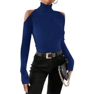 RoseSeek Women's Turtleneck Cut Out Cold Shoulder Tops Tee Long Sleeve Slim Fit Casual Basic T Shirt (Blue, L)