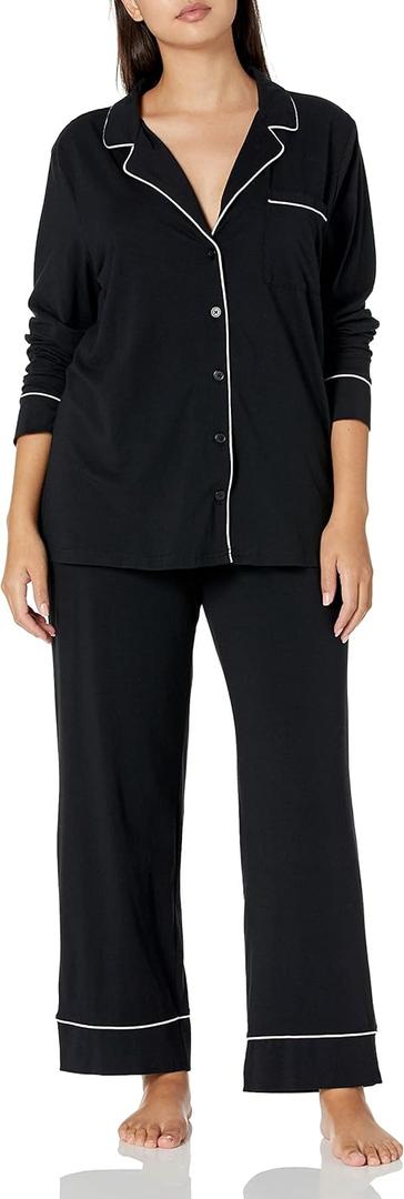 Amazon Essentials Women's Cotton Modal Long-Sleeve Shirt and Full-Length Bottom Pajama Set (Medium, Black)