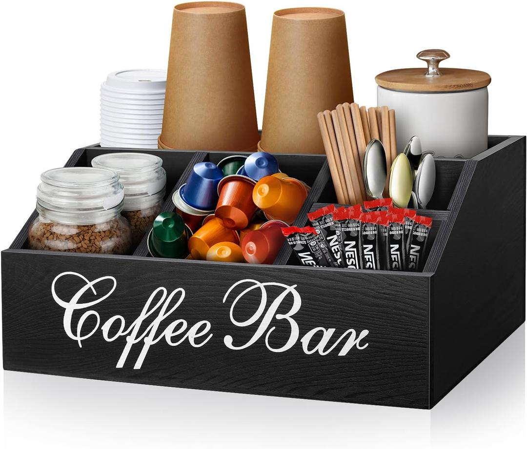 Coffee Station Organizer Pods Holder for Counter, Farmhouse Wood Coffee Bar Accessories and Tea Condiment Basket Storage Organizer Decor (Black)