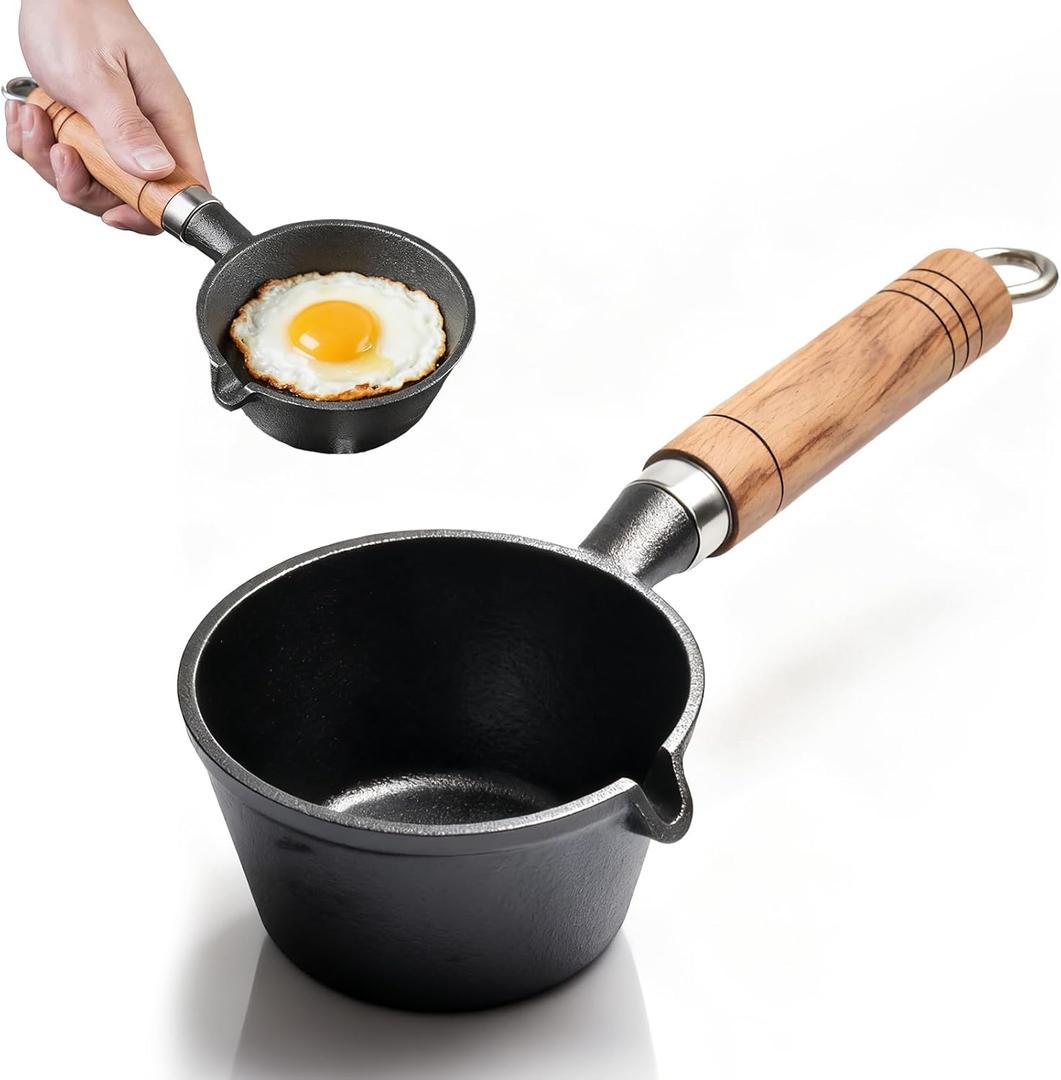 Cast Iron Saucepan, Set of 1, 5.1 Inches, Small Cast Iron Pans with Wooden Handles and Pouring Spouts, Suitable for Baking, Barbecuing, Camping, and Cooking