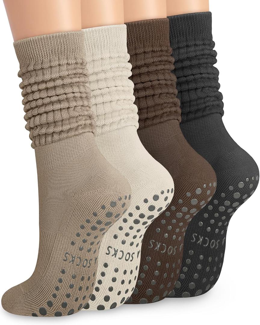 YSense 4 Pairs Pilates Socks with Grips for Women Non Slip Long Slouch Socks Yoga Grippy Sock Slouchy Barre Hospital Slipper (Black Coffee Khaki Milky White)