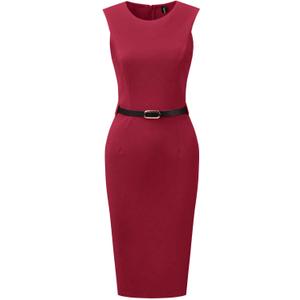 Allegra K Work Dress for Women's Sleeveless Office Round Neck Belted Business Pencil Dresses (Red, L)