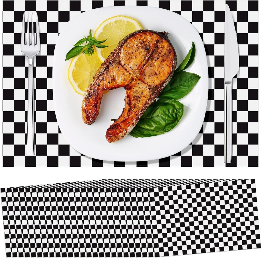 Lincia 100 Pcs Checkered Paper Placemats Birthday Party Supplies Disposable Placemats for Kids Baby Shower Men Party Decorations Favors 11 x 17 Inch(Black, White)