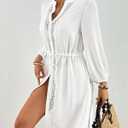 Bsubseach Swimsuit Coverup for Women V Neck Bathing Suit Cover Up with Pocket Drawstring Button Down Beach Shirt Dresses (White, S)