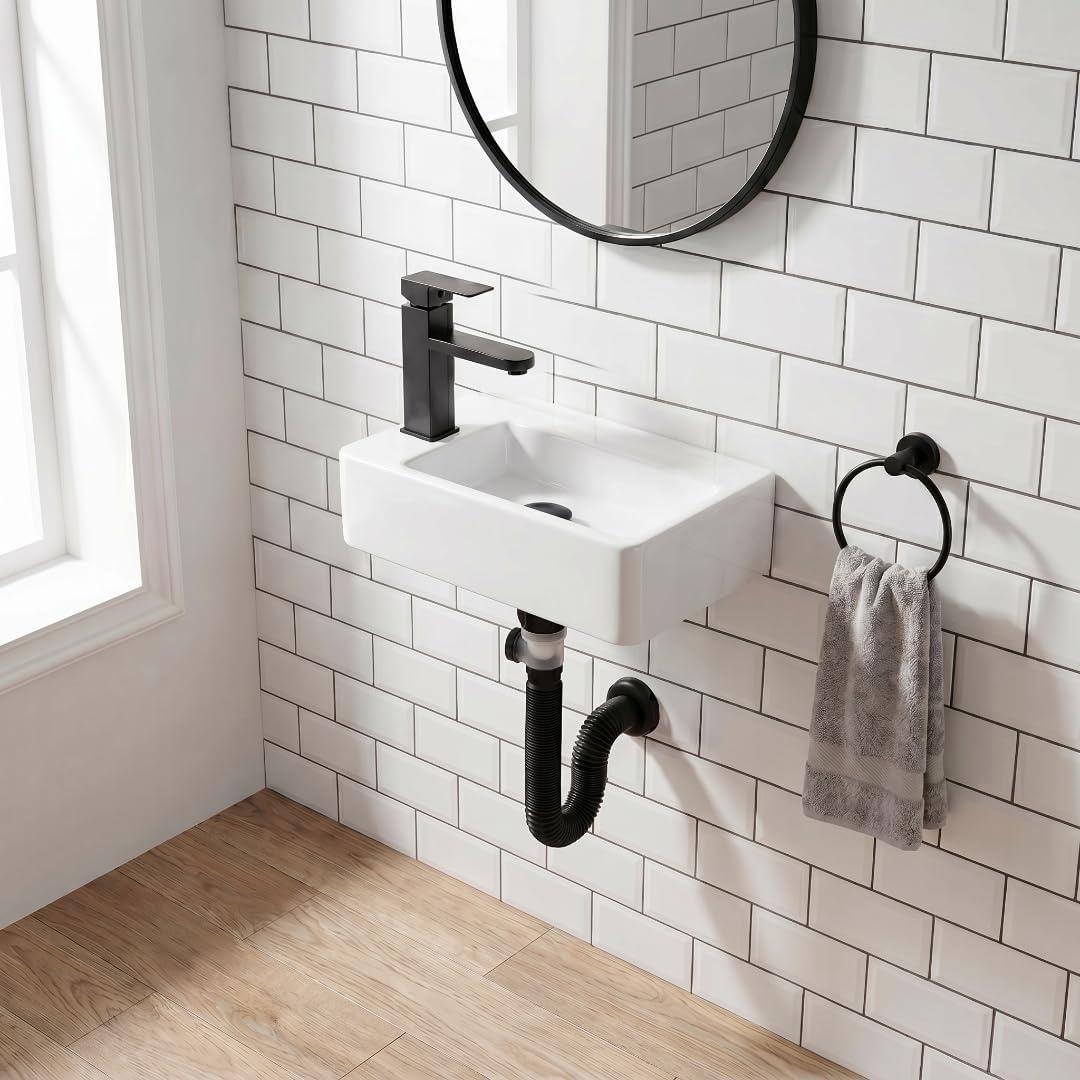 White Wall Mounted Ceramic Bathroom Sink, 14" x 7" Floating Vessel Sink, 14''x7'' Left