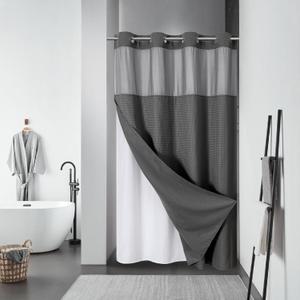 eachope Charcoal No Hook Waffle Weave Shower Curtain with snap-in Liner Replacement, 230GSM Waterproof Fabric Hotel Shower Curtain Set for Bathroom, Through Mesh Top Window,60Wx74H