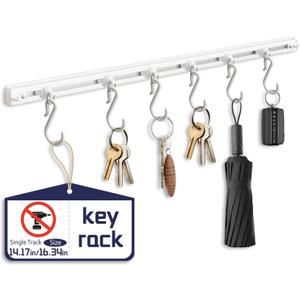 Drill Free Adhesive Sliding Hook Rail, Multi-Purpose Adjustable Hanging Track, Heavy Duty No Drill Towel Rack Key Holder Organizer Hooks for Bathroom Kitchen Entryway Bedroom 8pcs (16.34inch/pc)