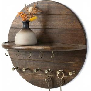 Rebee Vision Acacia Wood Decorative Key Holder Wall Mount for Home Decor- Farmhouse Round Key Holder for Wall with Shelf & 11 Hooks - Rustic Mail Organizer for Apartment Essentials (Dark Acacia)