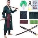Halloween Costume Set for Mens Green Robe Anime Kimono cosplay Outfit with Sword earrings stickers wig (Medium)