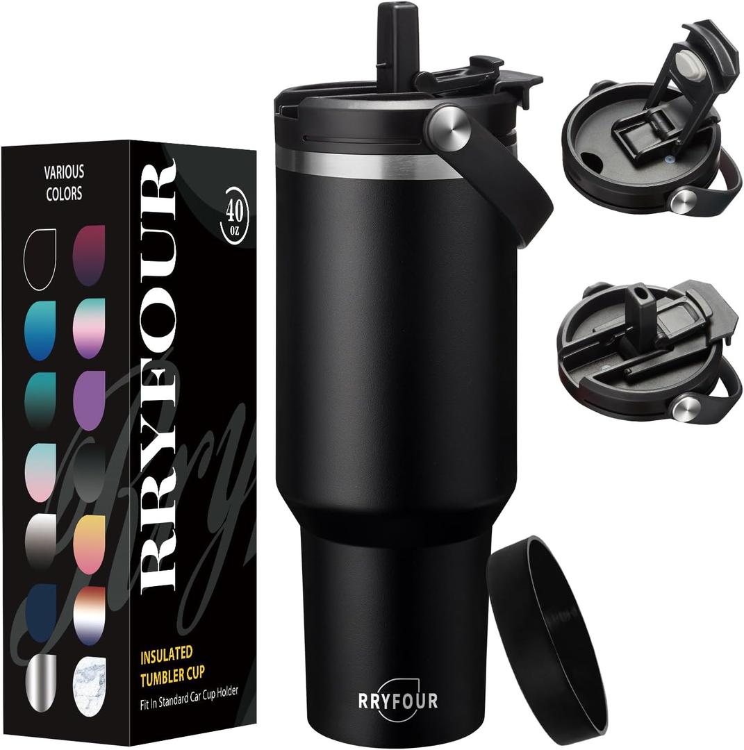 40 oz Tumbler with Flip Lid and Straw - Cold 36H Hot 12H, Stainless Steel Coffee Tumbler Travel Cups with 2-in-1 Lid, Leak Proof Insulated Mug Water Bottle Fits in Car Cup Holder (Magic Black)