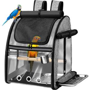 SUERTREE Bird Carrier Bag with Indestructible Stainless Steel Mesh, Bird Travel Cage with Stand, Easy to Clean Backpack for Parrot, Portable Bird Travel Bag, Pet Transparent Breathable Travel Cage (Grey)