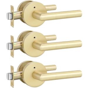 Goldenwarm Gold Door Handles Interior, Privacy Brushed Brass Interior Door Handles, Heavy Duty Zinc Alloy Brushed Gold Door Lever for Bedroom and Bathroom (3 Pack)
