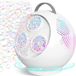 Bubble Machine for Kids Toddlers,45/360 Auto Rotatable Spherical Bubble Maker Toy with LED Light, Rechargeable Bubble Blower for 3 4 5 Year Old, Wedding Party Easter Birthday Gifts (Spherical White)